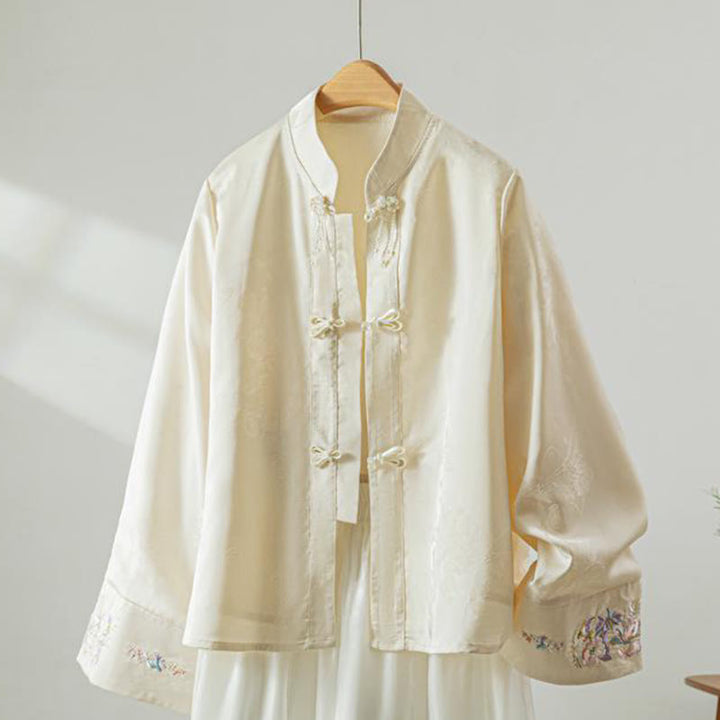 Kurtka Buddha Stones z długim rękawem i haftem jesiennych kwiatów z motywem żaby i guzików - Bielizna - US8-10，UK/AU12-14，EU40-42 (2XL) - image 0