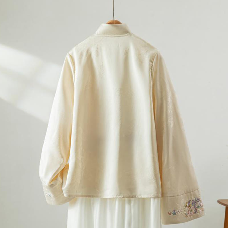 Kurtka Buddha Stones z długim rękawem i haftem jesiennych kwiatów z motywem żaby i guzików - image 1