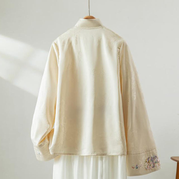 Kurtka Buddha Stones z długim rękawem i haftem jesiennych kwiatów z motywem żaby i guzików - image 1