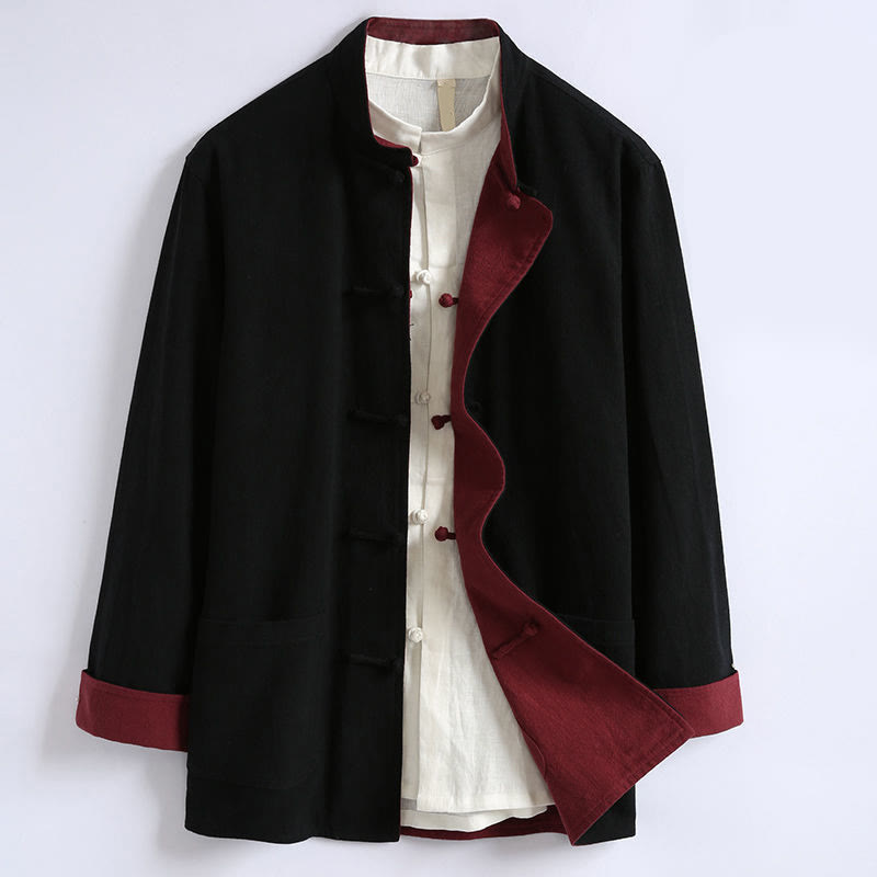 Kurtka męska z długim rękawem z bawełny z długimi rękawami i rewersem w stylu chińskim z Buddha Stones - Czarny - US/UK/AU46， EU56 (5XL) - image 3