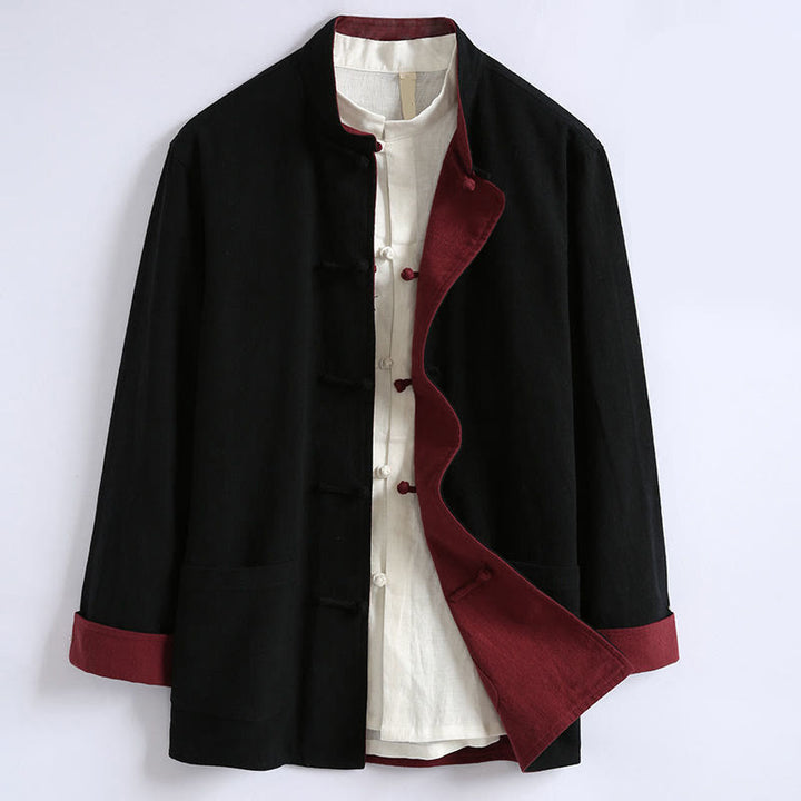 Kurtka męska z długim rękawem z bawełny z długimi rękawami i rewersem w stylu chińskim z Buddha Stones - Czarny - US/UK/AU46， EU56 (5XL) - image 3