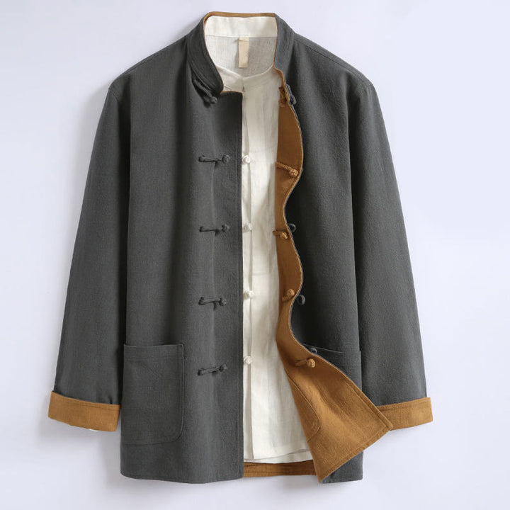 Kurtka męska z długim rękawem z bawełny z długimi rękawami i rewersem w stylu chińskim z Buddha Stones - Szary - US/UK/AU46， EU56 (5XL) - image 0