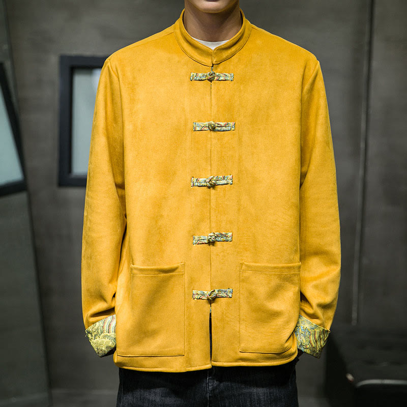 Kurtka męska zamszowa z bawełny z długimi rękawami i kieszeniami " Buddha Stones Fall Waves Frog-Button" - Złoto - US/UK/AU42， EU52 (3XL) - image 0