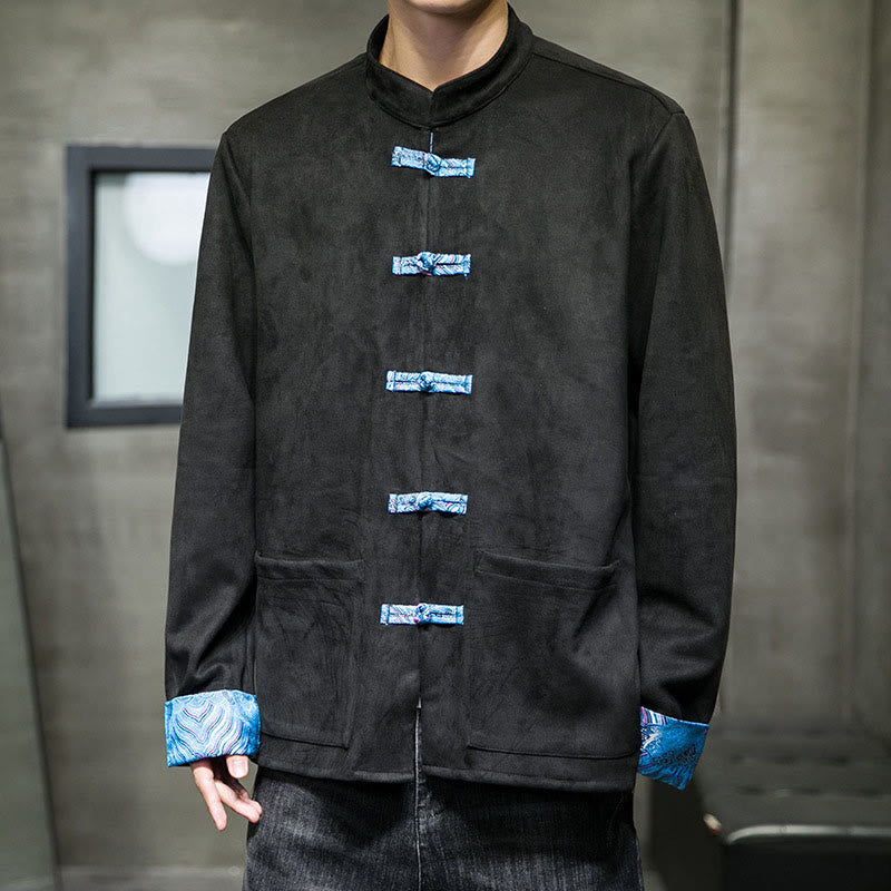 Kurtka męska zamszowa z bawełny z długimi rękawami i kieszeniami " Buddha Stones Fall Waves Frog-Button" - Czarny - US/UK/AU42， EU52 (3XL) - image 14