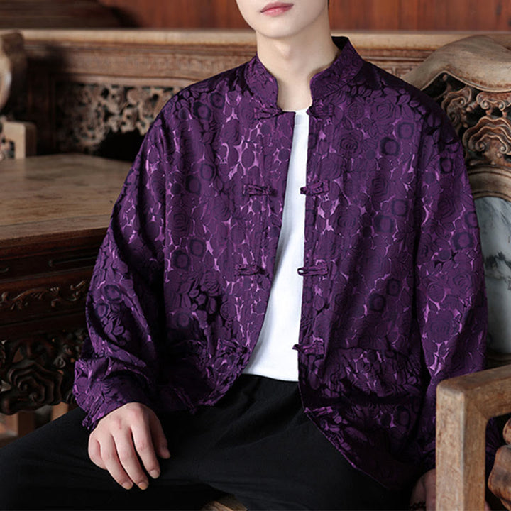 Buddha Stones, jesienne kwiaty, liście, żakardowa kurtka męska z długimi rękawami i kieszeniami, zapinana na guziki - Fioletowy - US/UK/AU46， EU56 (5XL) - image 18