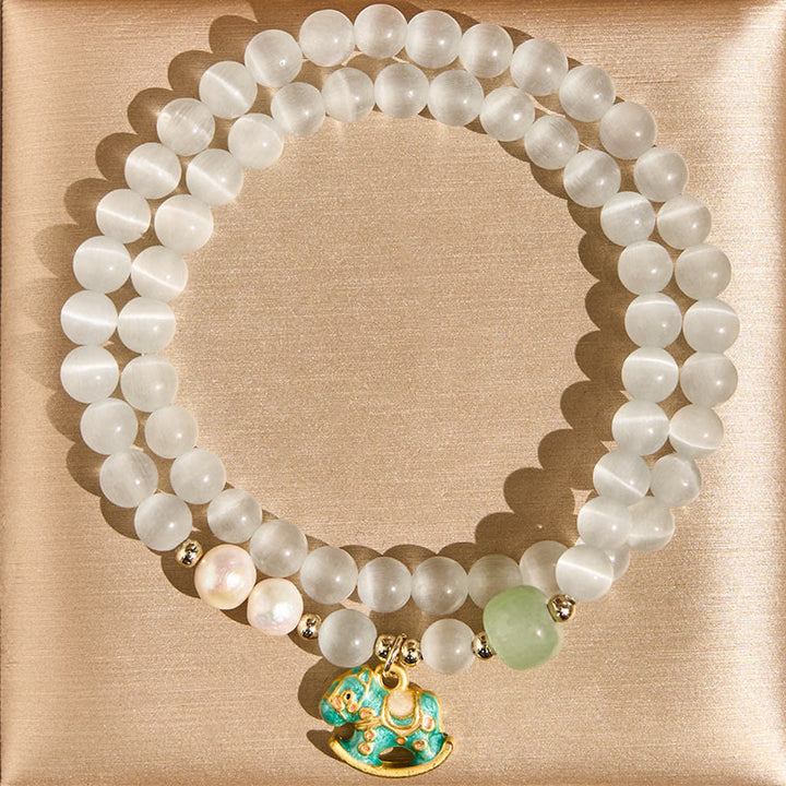 Bransoletka dwuwarstwowa z Buddha Stones z roku konia, chryzoberylowych szklanych koralików, pokoju i miłości - Chryzoberyl (obwód nadgarstka 14-17 cm) - image 0