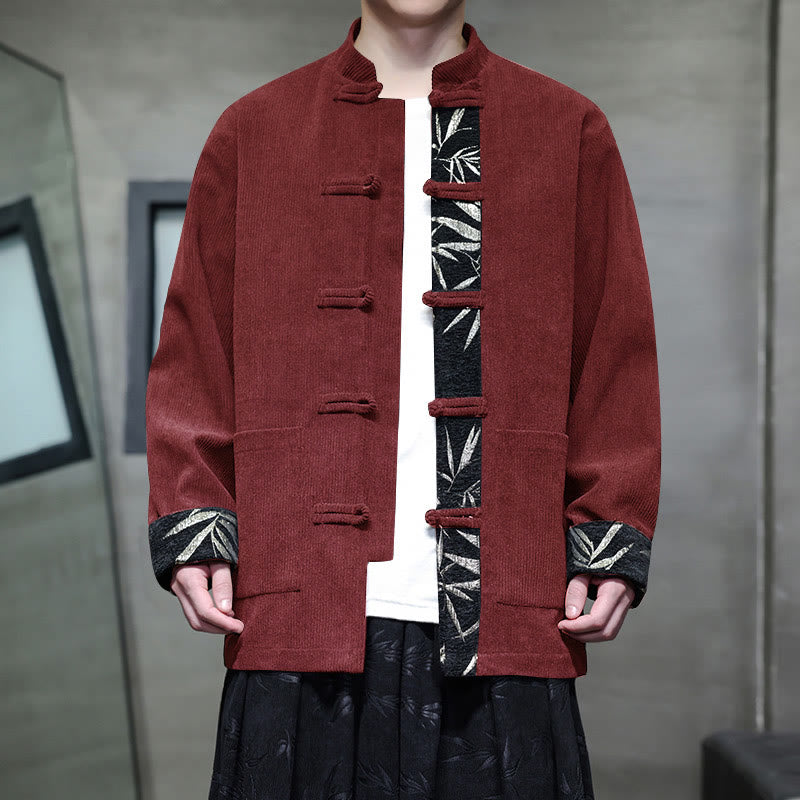 Kurtka męska sztruksowa z bawełny z kieszeniami i długim rękawem " Buddha Stones Fall Bamboo Frog-Button" - Ciemnoczerwony - US/UK/AU46， EU56 (5XL) - image 0