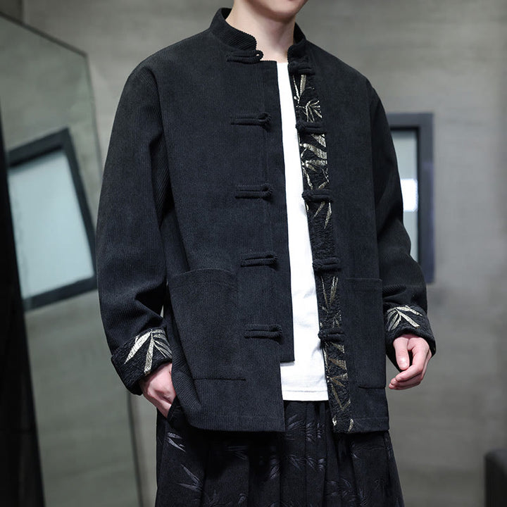 Kurtka męska sztruksowa z bawełny z kieszeniami i długim rękawem " Buddha Stones Fall Bamboo Frog-Button" - Czarny - US/UK/AU46， EU56 (5XL) - image 5