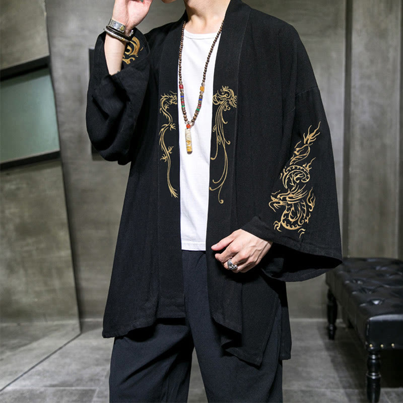 Męska bawełniana kurtka kimono z długim rękawem i otwartym przodem z Buddha Stones Dragon Phoenix - image 2