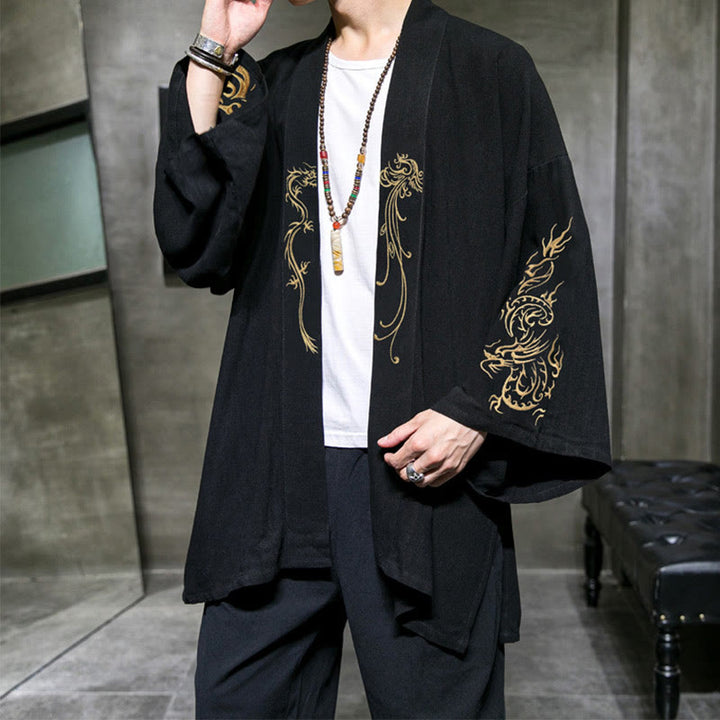 Męska bawełniana kurtka kimono z długim rękawem i otwartym przodem z Buddha Stones Dragon Phoenix - image 2