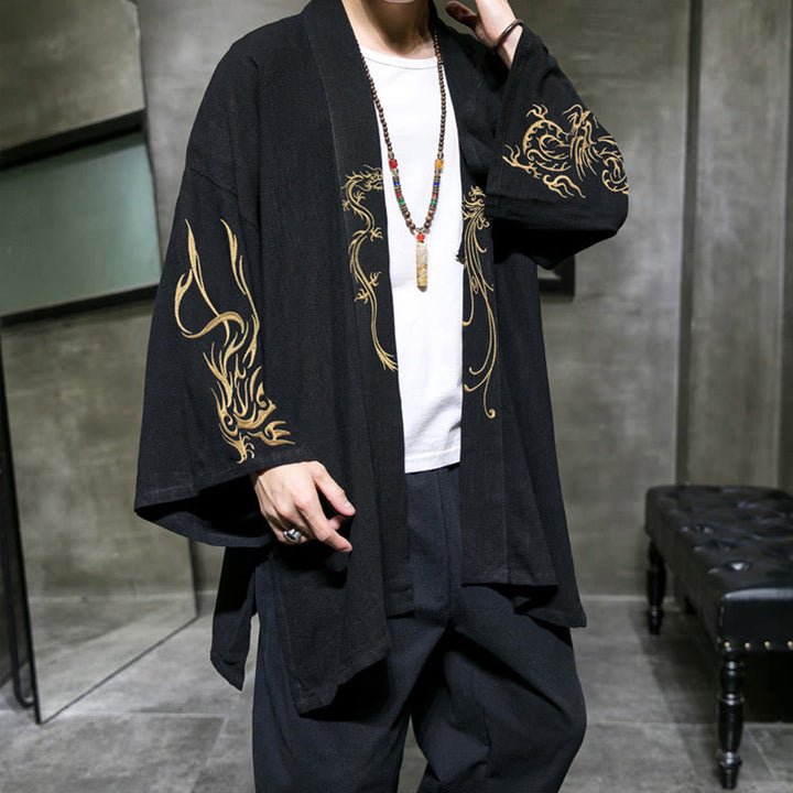 Męska bawełniana kurtka kimono z długim rękawem i otwartym przodem z Buddha Stones Dragon Phoenix - Czarny - US/UK/AU46， EU56 (5XL) - image 0