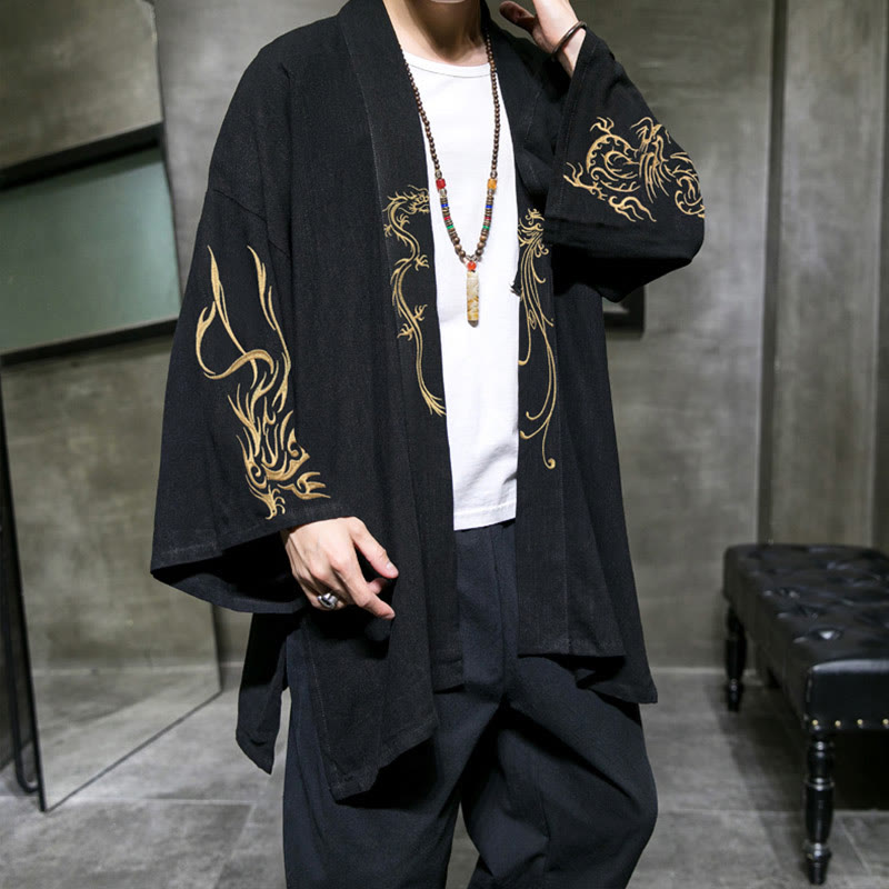Męska bawełniana kurtka kimono z długim rękawem i otwartym przodem z Buddha Stones Dragon Phoenix - Czarny - US/UK/AU48， EU58(5XL) - image 0