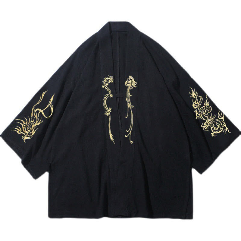 Męska bawełniana kurtka kimono z długim rękawem i otwartym przodem z Buddha Stones Dragon Phoenix - image 9