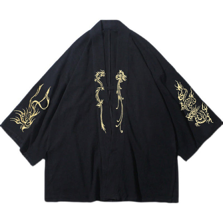 Męska bawełniana kurtka kimono z długim rękawem i otwartym przodem z Buddha Stones Dragon Phoenix - image 9