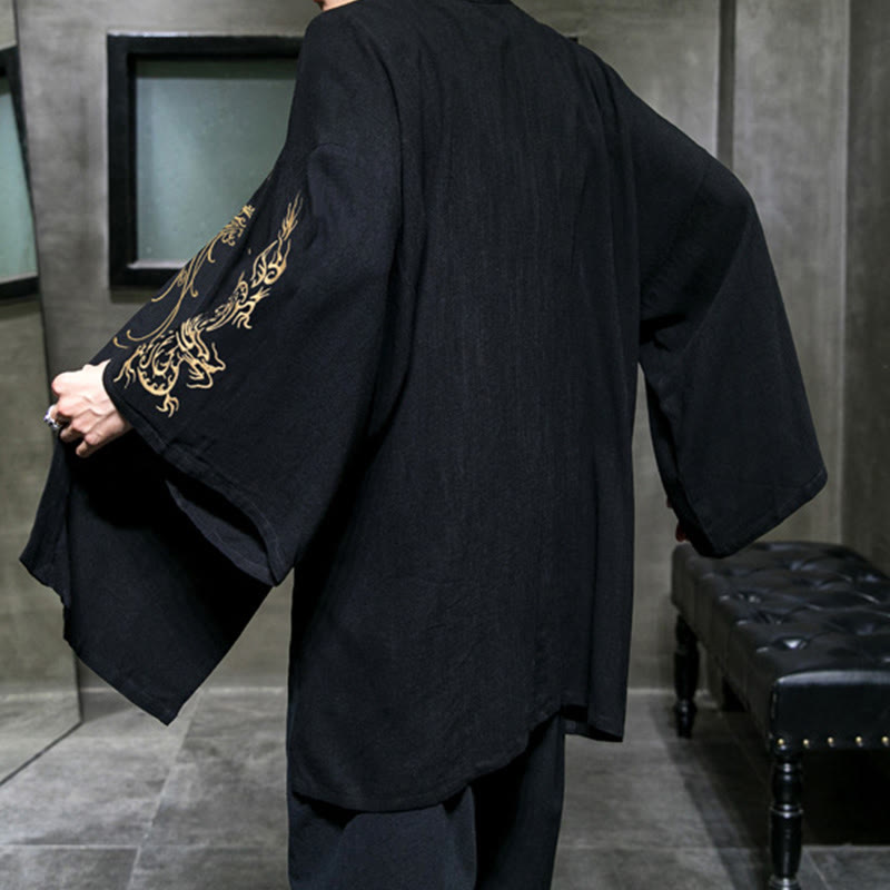 Męska bawełniana kurtka kimono z długim rękawem i otwartym przodem z Buddha Stones Dragon Phoenix - image 4