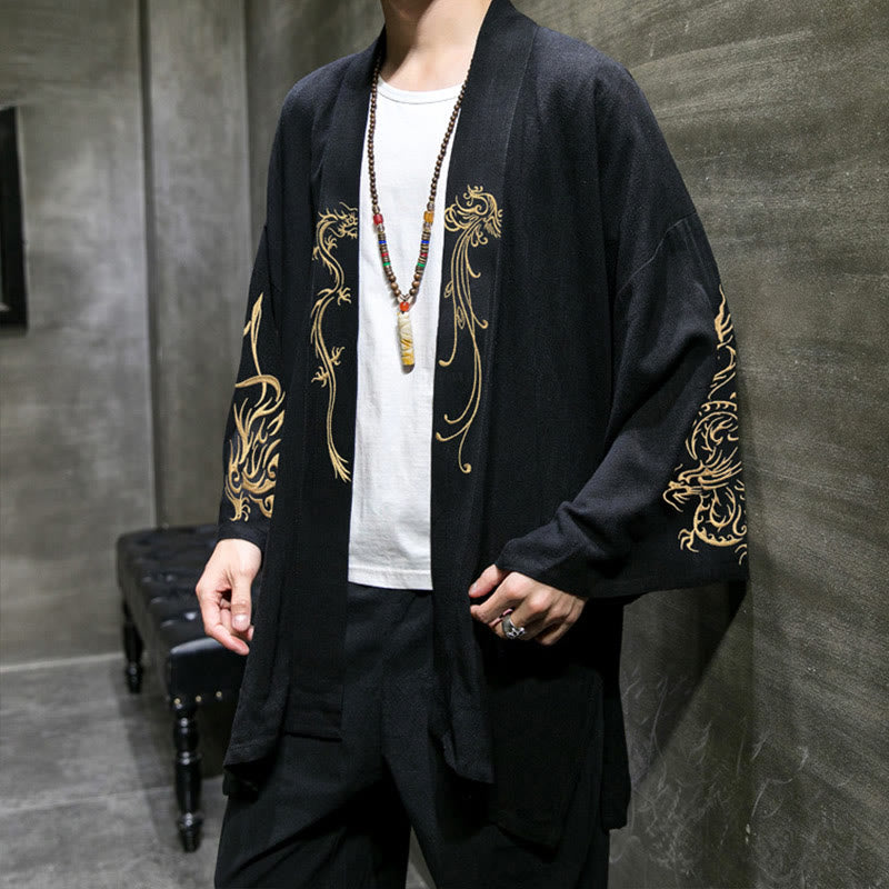 Męska bawełniana kurtka kimono z długim rękawem i otwartym przodem z Buddha Stones Dragon Phoenix - image 3