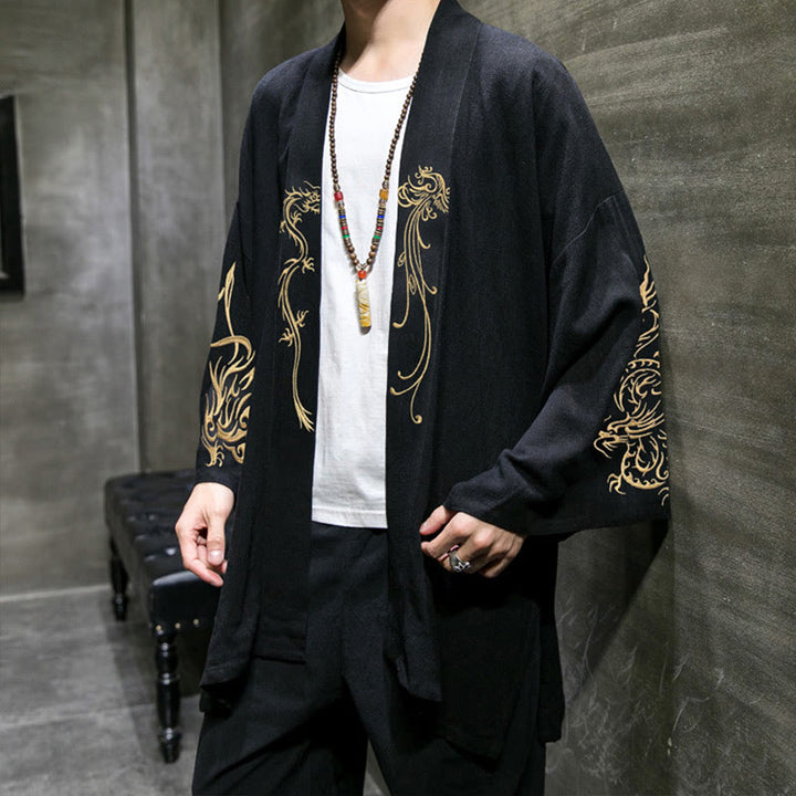Męska bawełniana kurtka kimono z długim rękawem i otwartym przodem z Buddha Stones Dragon Phoenix - image 3