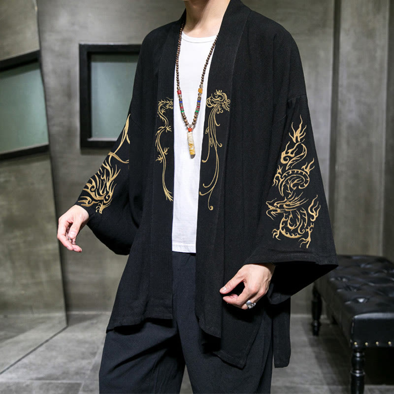 Męska bawełniana kurtka kimono z długim rękawem i otwartym przodem z Buddha Stones Dragon Phoenix - image 1