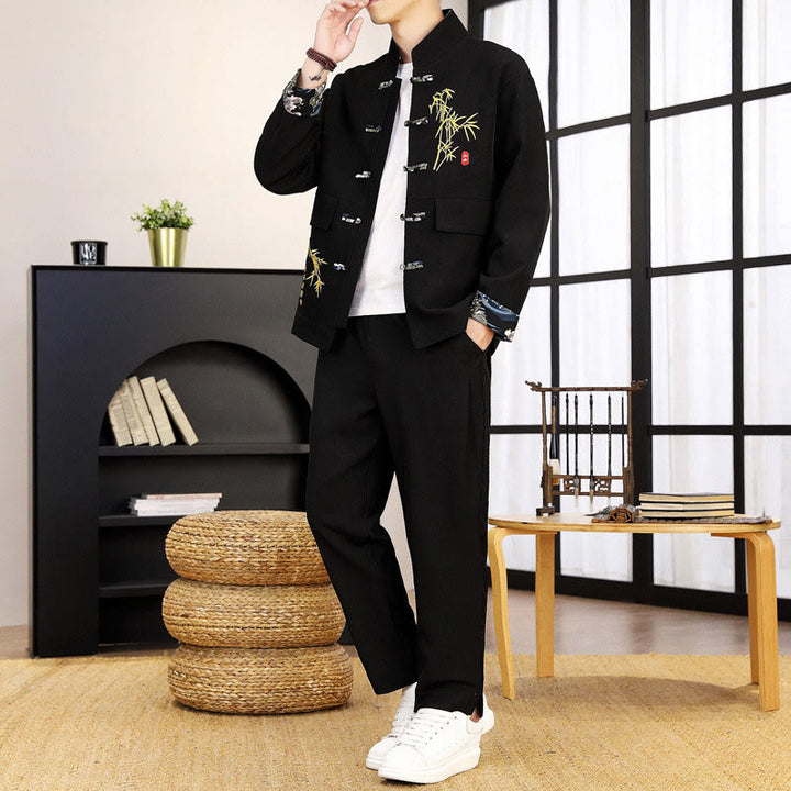Buddha Stones, 2-częściowy zestaw Tang Suit z bambusową żabą i guzikami, męski, koszula z długim rękawem i spodniami - Czarny - US/UK/AU44， EU54 (4XL) - image 0