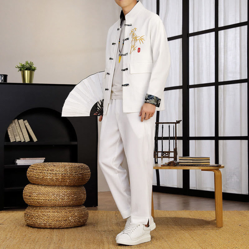 Buddha Stones, 2-częściowy zestaw Tang Suit z bambusową żabą i guzikami, męski, koszula z długim rękawem i spodniami - Biały - US/UK/AU44， EU54 (4XL) - image 10