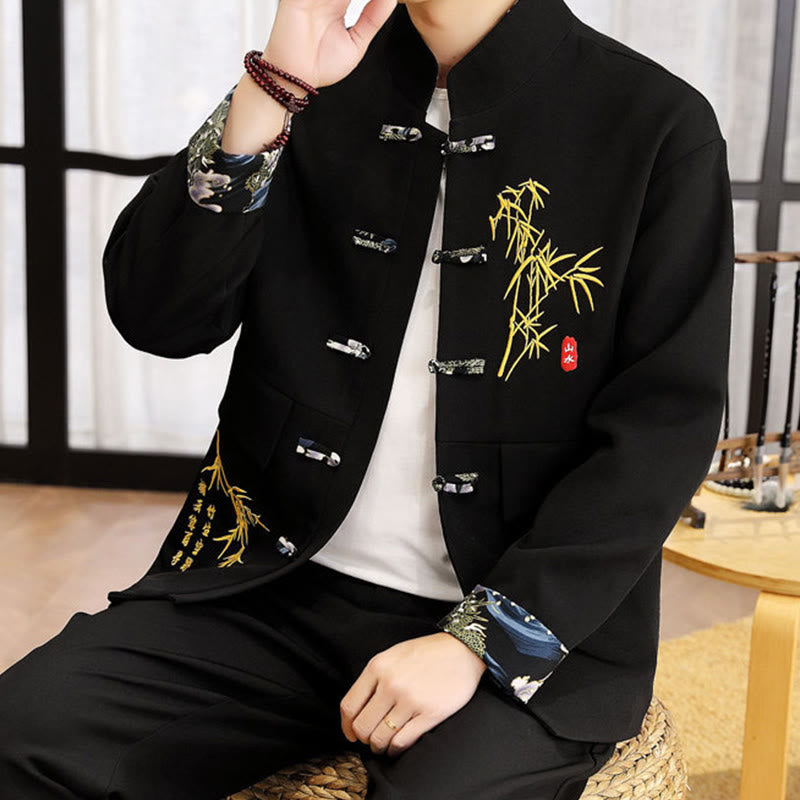 Buddha Stones, 2-częściowy zestaw Tang Suit z bambusową żabą i guzikami, męski, koszula z długim rękawem i spodniami - image 3