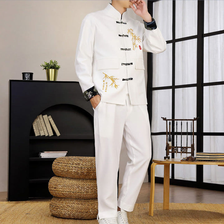 Buddha Stones, 2-częściowy zestaw Tang Suit z bambusową żabą i guzikami, męski, koszula z długim rękawem i spodniami - image 12