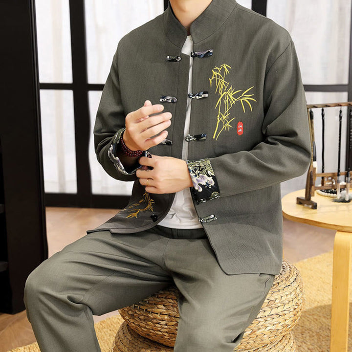Buddha Stones, 2-częściowy zestaw Tang Suit z bambusową żabą i guzikami, męski, koszula z długim rękawem i spodniami - image 18