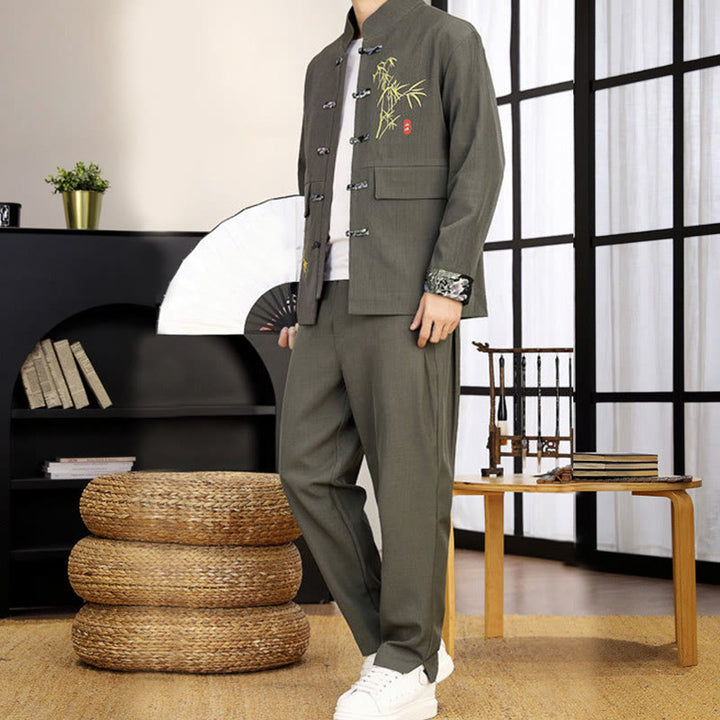 Buddha Stones, 2-częściowy zestaw Tang Suit z bambusową żabą i guzikami, męski, koszula z długim rękawem i spodniami - image 16