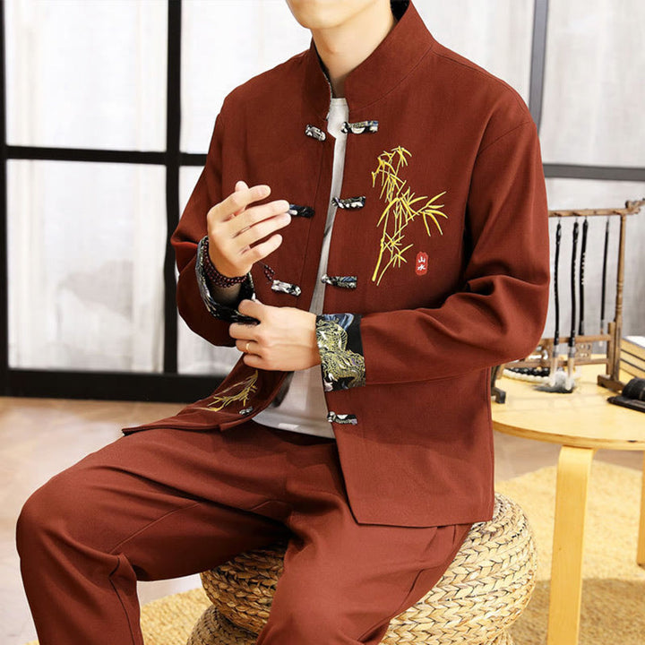Buddha Stones, 2-częściowy zestaw Tang Suit z bambusową żabą i guzikami, męski, koszula z długim rękawem i spodniami - image 28