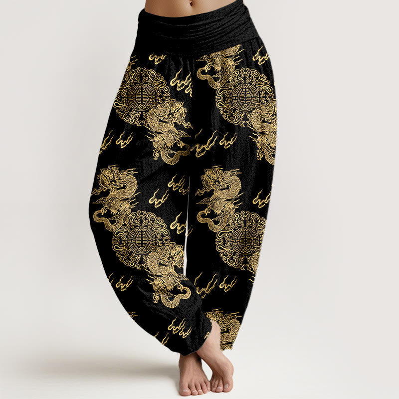 Spodnie haremowe damskie z elastyczną talią i wzorem Double Dragon Cloud z motywem kamieni Buddha Stones z czystej bawełny - Czarny - US16, UK/AU20, EU48 (3XL) - image 0
