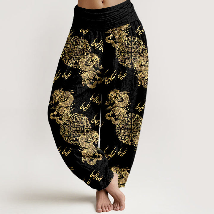 Spodnie haremowe damskie z elastyczną talią i wzorem Double Dragon Cloud z motywem kamieni Buddha Stones z czystej bawełny - Czarny - US16, UK/AU20, EU48 (3XL) - image 0