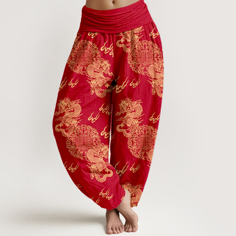 Spodnie haremowe damskie z elastyczną talią i wzorem Double Dragon Cloud z motywem kamieni Buddha Stones z czystej bawełny - Cegła ogniotrwała - US16, UK/AU20, EU48 (3XL) - image 8
