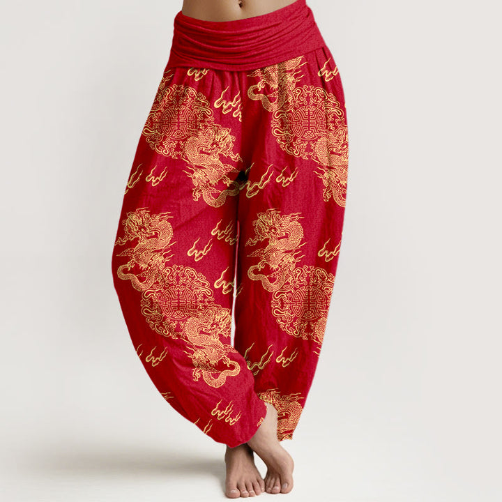 Spodnie haremowe damskie z elastyczną talią i wzorem Double Dragon Cloud z motywem kamieni Buddha Stones z czystej bawełny - Cegła ogniotrwała - US16, UK/AU20, EU48 (3XL) - image 8