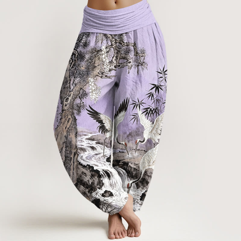 Buddha Stones damskie z elastyczną talią i wzorem żurawia mandżurskiego z czystej bawełny - Średniofioletowy - US16, UK/AU20, EU48 (3XL) - image 8
