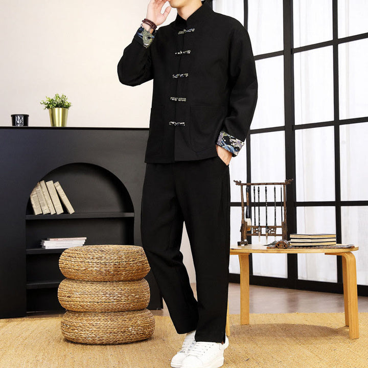 Buddha Stones, 2-częściowy zestaw Tang Suit, męska koszula z długim rękawem i guzikami w kształcie żaby, fale, spodnie, odzież - Czarny - US/UK/AU44， EU54 (4XL) - image 11