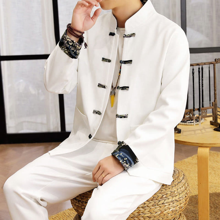 Buddha Stones, 2-częściowy zestaw Tang Suit, męska koszula z długim rękawem i guzikami w kształcie żaby, fale, spodnie, odzież - image 7