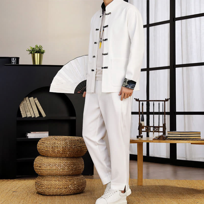 Buddha Stones, 2-częściowy zestaw Tang Suit, męska koszula z długim rękawem i guzikami w kształcie żaby, fale, spodnie, odzież - image 6