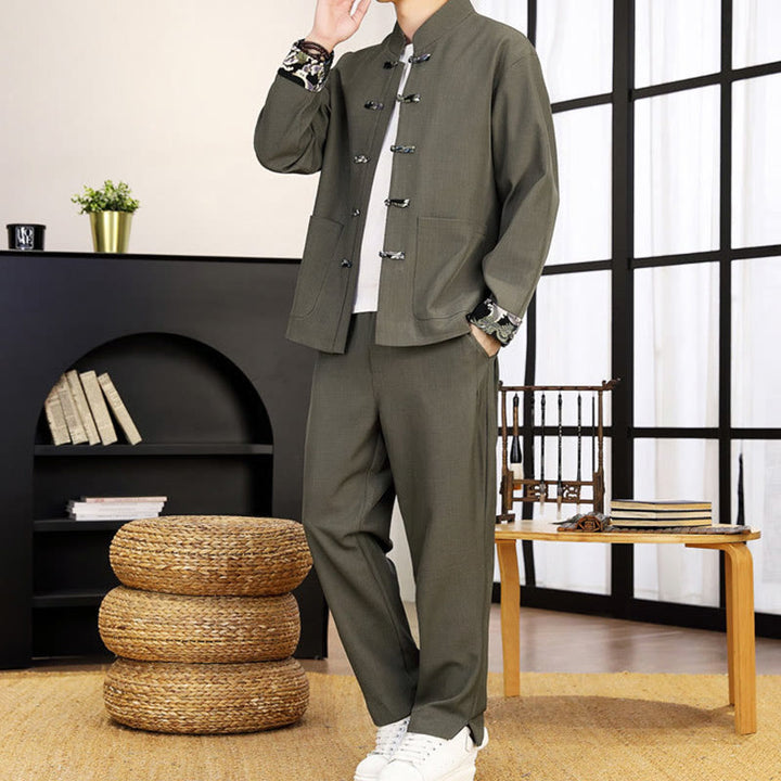 Buddha Stones, 2-częściowy zestaw Tang Suit, męska koszula z długim rękawem i guzikami w kształcie żaby, fale, spodnie, odzież - image 9