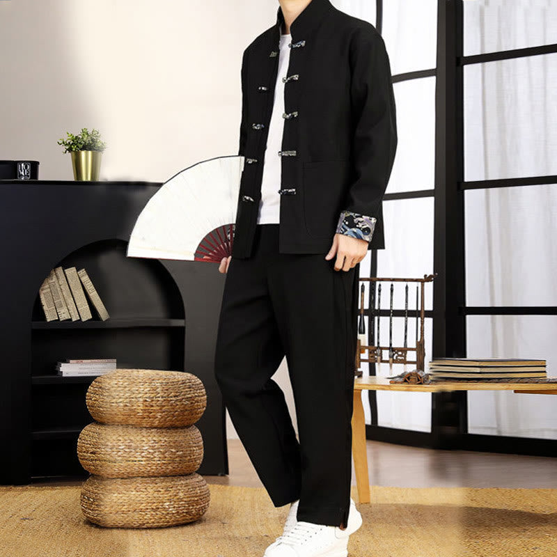 Buddha Stones, 2-częściowy zestaw Tang Suit, męska koszula z długim rękawem i guzikami w kształcie żaby, fale, spodnie, odzież - image 12