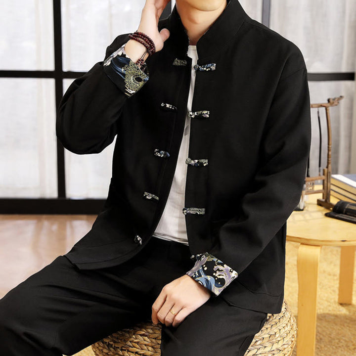 Buddha Stones, 2-częściowy zestaw Tang Suit, męska koszula z długim rękawem i guzikami w kształcie żaby, fale, spodnie, odzież - image 15