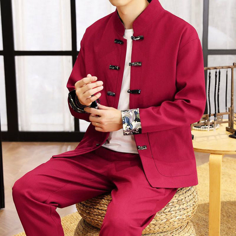 Buddha Stones, 2-częściowy zestaw Tang Suit, męska koszula z długim rękawem i guzikami w kształcie żaby, fale, spodnie, odzież - image 26