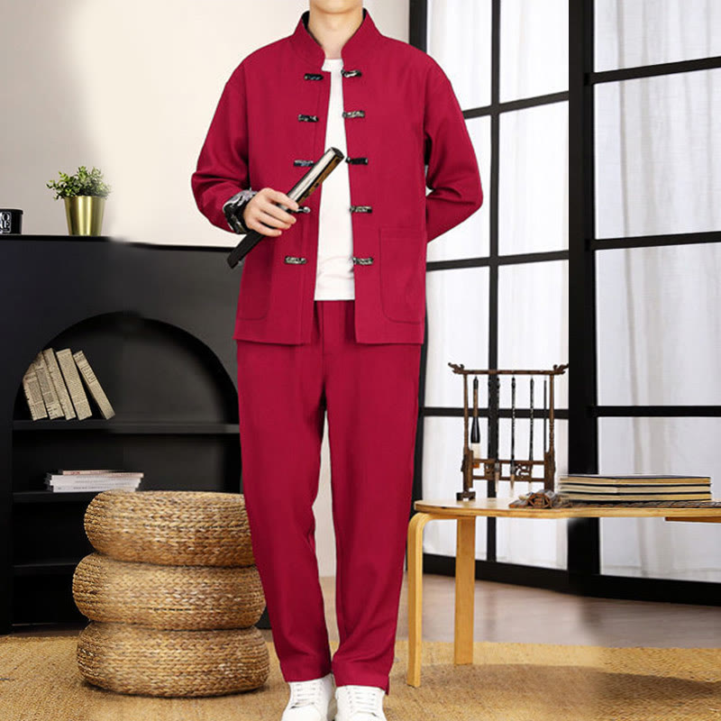 Buddha Stones, 2-częściowy zestaw Tang Suit, męska koszula z długim rękawem i guzikami w kształcie żaby, fale, spodnie, odzież - image 24