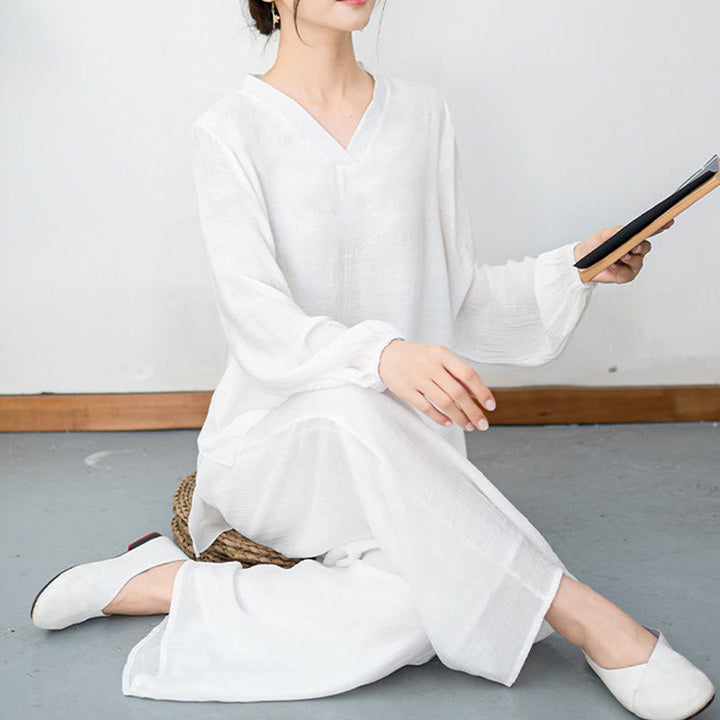 Buddha Stones, 2 sztuki, biała koszula z długim rękawem i dekoltem w serek, szerokie spodnie do medytacji dla kobiet - image 8