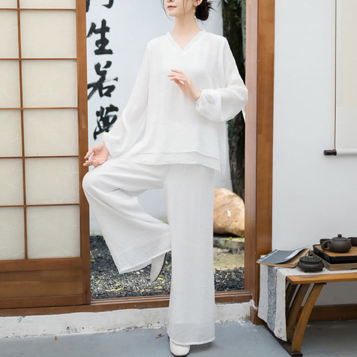 Buddha Stones, 2 sztuki, biała koszula z długim rękawem i dekoltem w serek, szerokie spodnie do medytacji dla kobiet - Biały - US8-10，UK/AU12-14，EU40-42 (2XL) - image 0