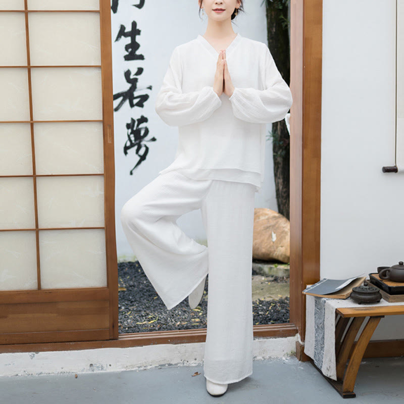 Buddha Stones, 2 sztuki, biała koszula z długim rękawem i dekoltem w serek, szerokie spodnie do medytacji dla kobiet - image 1