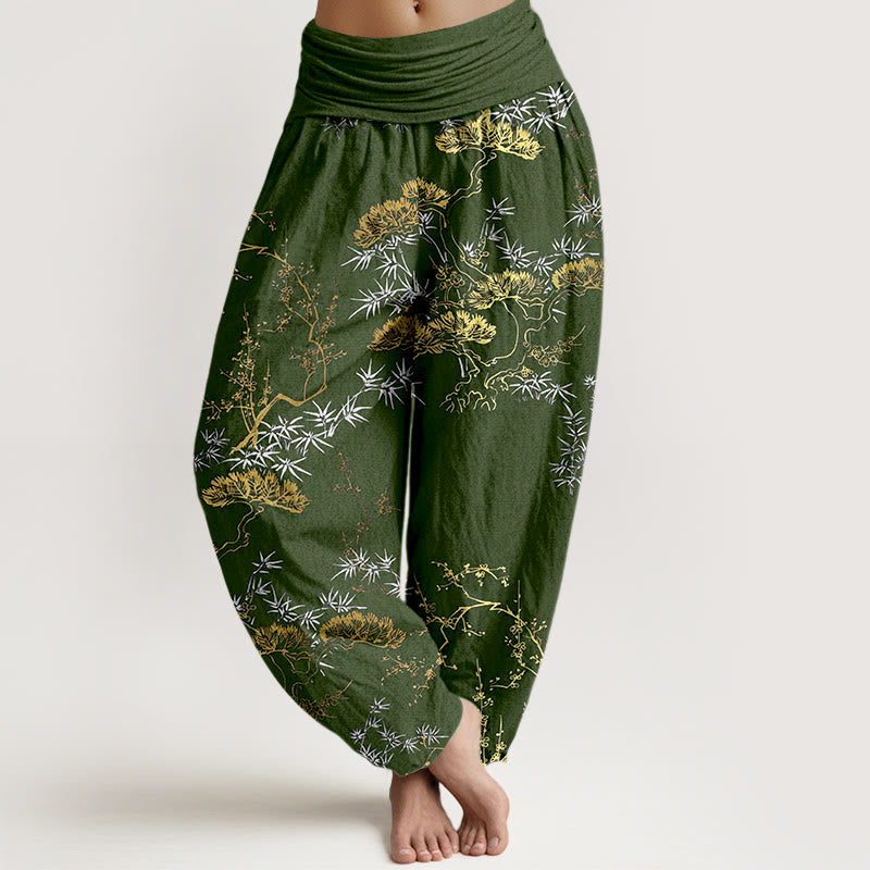 Damskie spodnie haremowe z elastyczną talią i wzorem "Buddha Stones" z czystej bawełny, sosny i bambusa - DarkOliveGreen - US16, UK/AU20, EU48 (3XL) - image 5