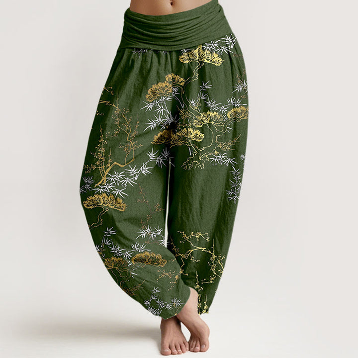 Damskie spodnie haremowe z elastyczną talią i wzorem "Buddha Stones" z czystej bawełny, sosny i bambusa - DarkOliveGreen - US16, UK/AU20, EU48 (3XL) - image 5