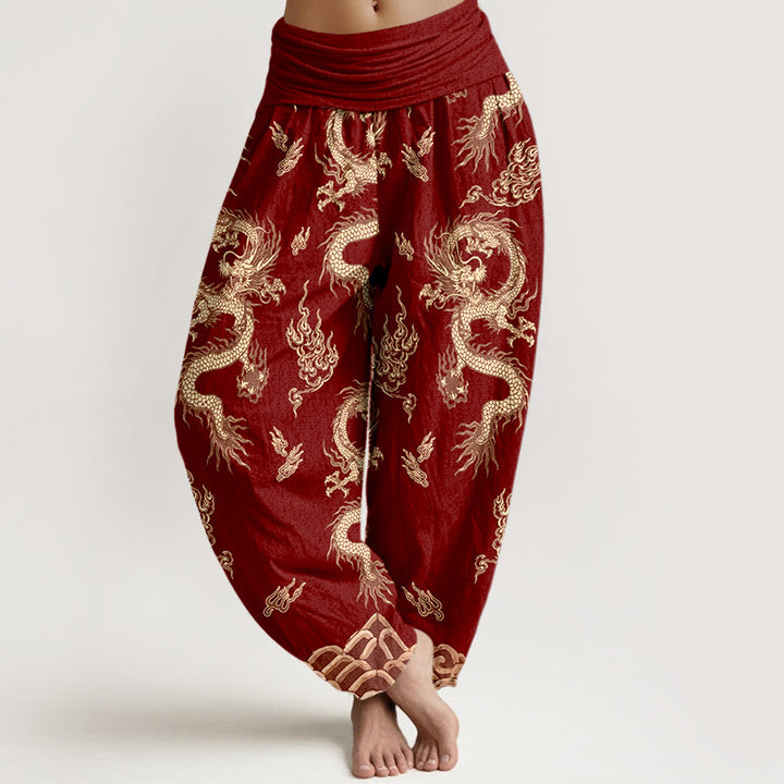 Spodnie haremki damskie z elastyczną talią i wzorem smoka i chmur z kamieni Buddha Stones z czystej bawełny - Ciemnoczerwony - US16, UK/AU20, EU48 (3XL) - image 0