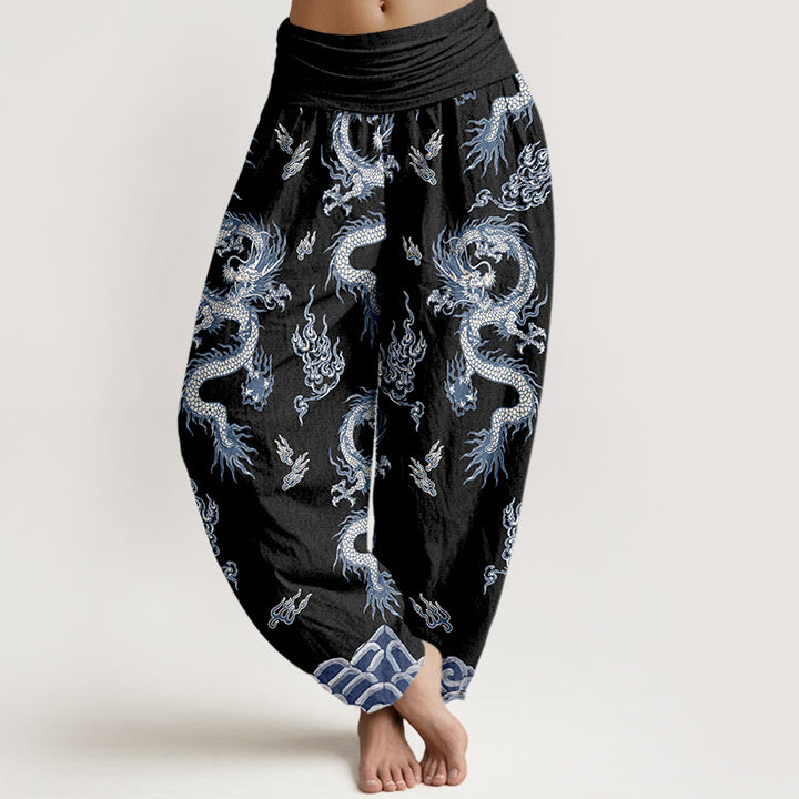 Spodnie haremki damskie z elastyczną talią i wzorem smoka i chmur z kamieni Buddha Stones z czystej bawełny - Czarny - US16, UK/AU20, EU48 (3XL) - image 5
