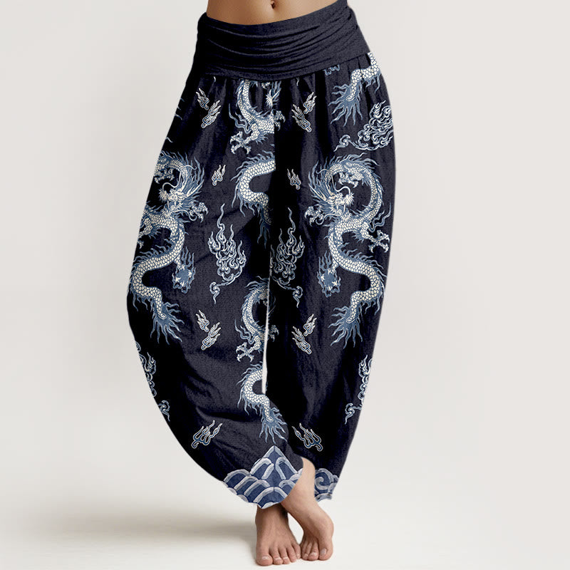 Spodnie haremki damskie z elastyczną talią i wzorem smoka i chmur z kamieni Buddha Stones z czystej bawełny - Marynarka wojenna - US16, UK/AU20, EU48 (3XL) - image 8